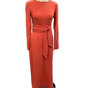 Ann Taylor burnt orange stretchy midi dress with attached waist sash - small